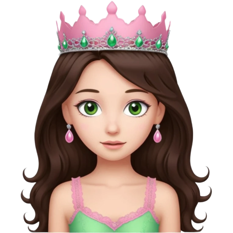 super long haired brunette with middle part cute pink lacy tank with a pink tiara on head, white but with a little bit of tan green eyes  emoji