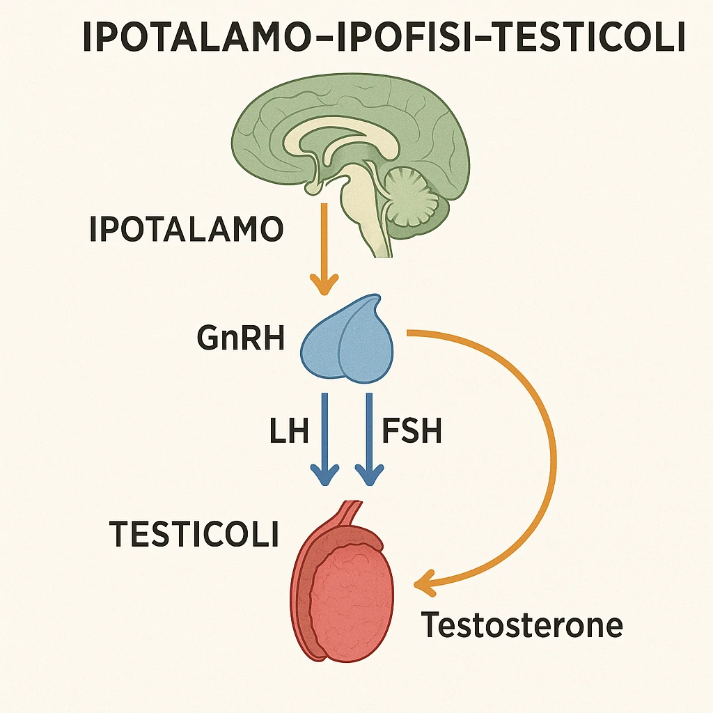 clear and realistic infographic of the HPT axis (hypothalamus-pituitary-testes): showing hypothalamus, pituitary gland, and testes connected by arrows, including hormone names (GnRH, LH, FSH, testosterone), simple diagram, distinct colors for each part, scritte in italiano emoji