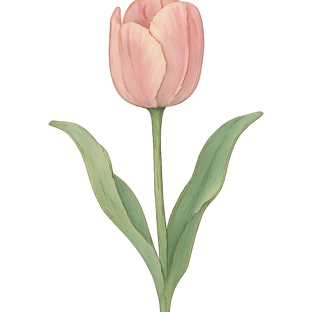 single soft pink tulip with watercolor petals, green stem, curved soft leaves, elegant hand-painted style in ghibli style emoji