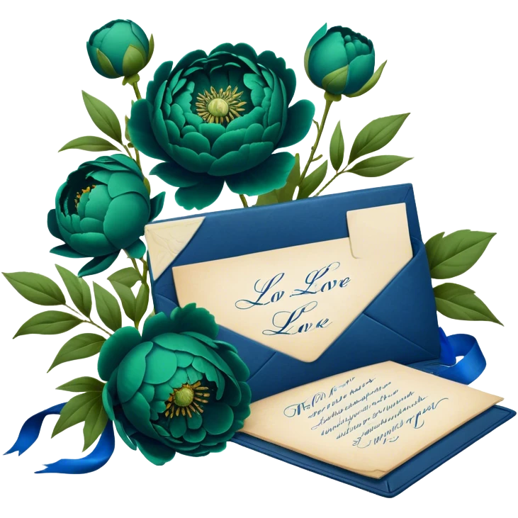 A charming arrangement of deep green peonies placed beside an old blue love letter with an intricate navy blue wax seal. emoji