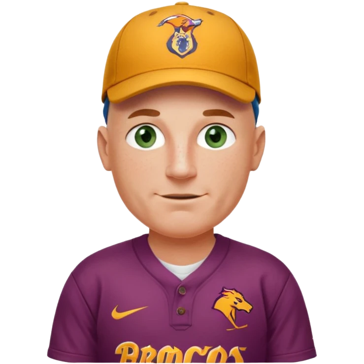 young-ish 50 year old man dressed in a brisbane broncos jersey, bald head, fair freckled skin, happy face, blueish green eyes, wearing brisbane broncos baseball style cap, picture should be down to waist, hands on hips in a player stance emoji