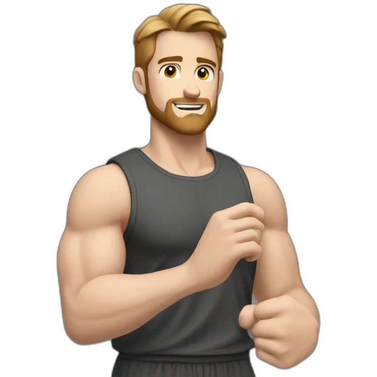 Close up Actively gesturing  with hands Pale skinned Fit Man With the biceps and brown hair in dark gray Sleeveless Mike, black oversize sports shorts, watch and white Sneakers emoji