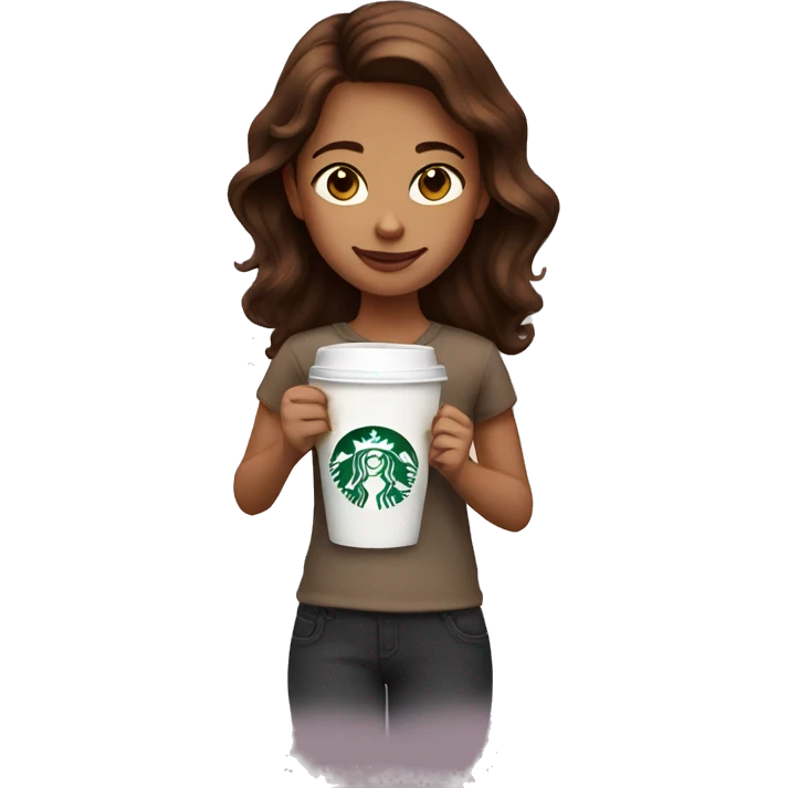 A girl with brown hair with a Starbucks cup emoji