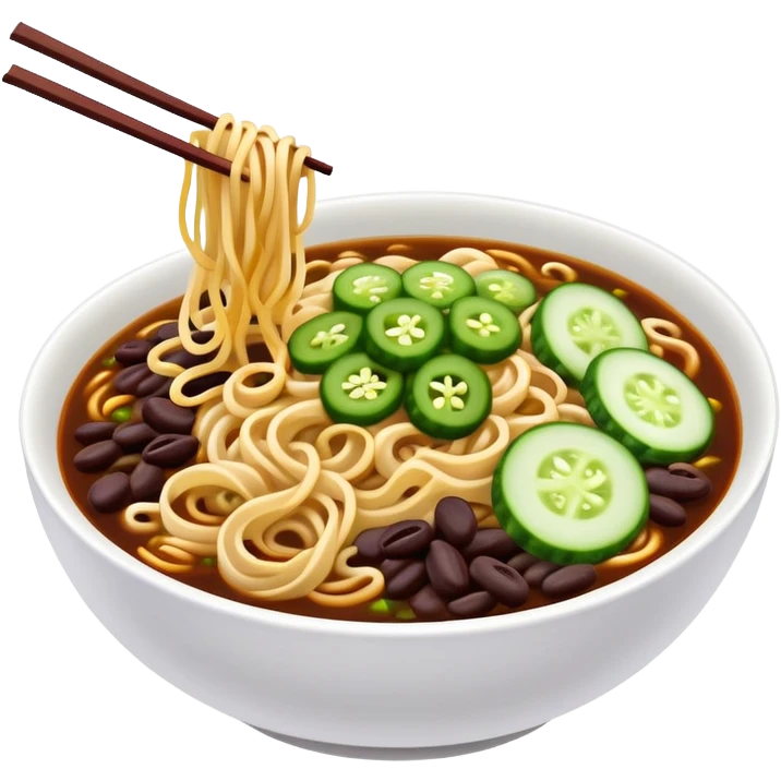 Beijing Zhajiang noodles with dark bean sauce and cucumber toppings, simplified emoji style with bold outlines and bright colors, cartoon style northern Chinese noodle dish emoji