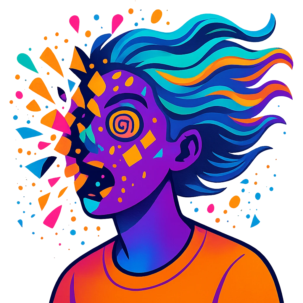 person with acid purple and turquoise neon skin, face breaking apart in colorful explosion, airbrushed, hair as flowing liquid color, spiral eyes, geometric accents, paint flecks, energetic motion emoji