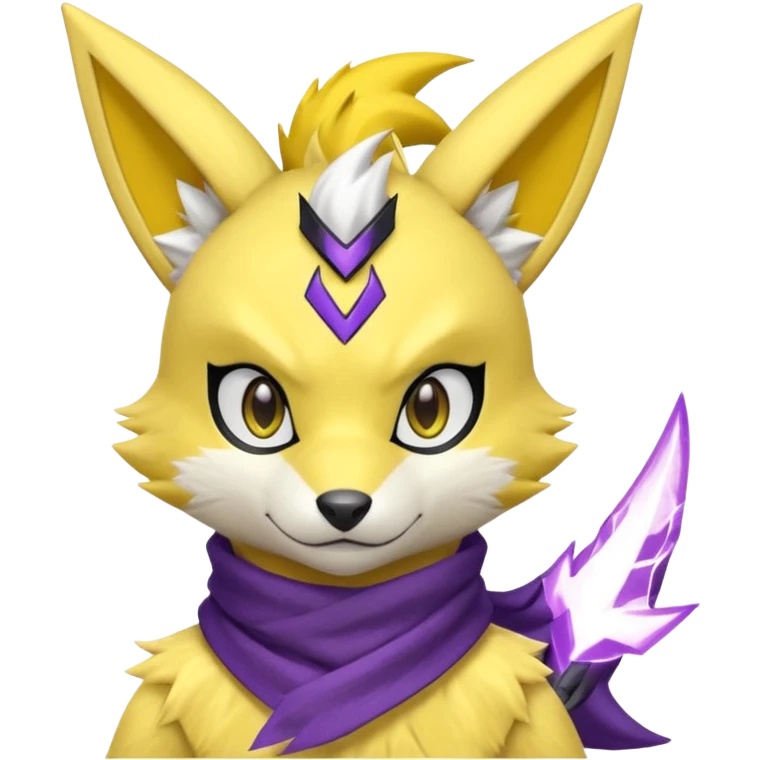 Furry Anthropomorphic Yellow Renamon-Zeraora-Toxtricity-Pokémon-Digimon-Fakémon-fusion with purple lightning-bolt-markings, and facial markings, black bandanna scarf emoji
