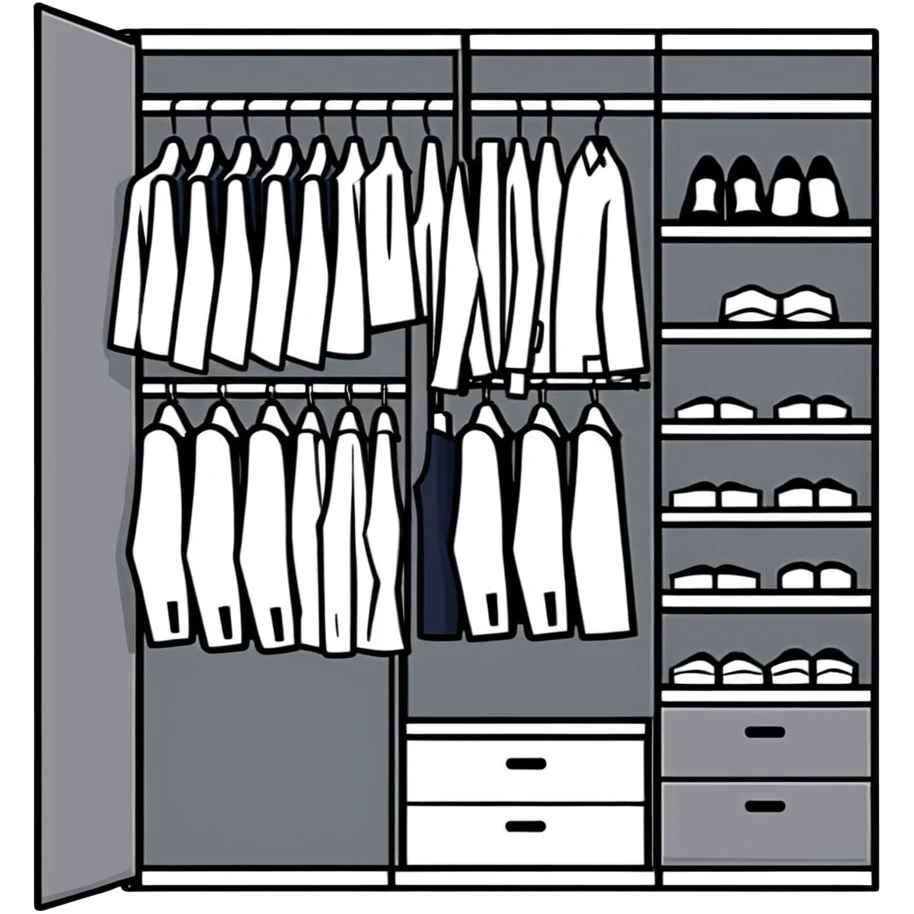 Simple closet with organized professional outfits, work wardrobe planning emoji