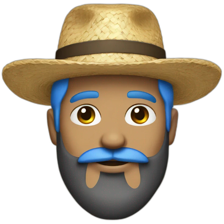 man black beard and mustache wearing straw hat with blue hair emoji