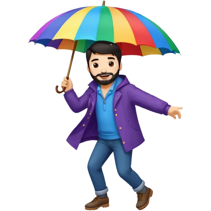 A dark-haired boy with a white beard dancing with an umbrella in the rain emoji