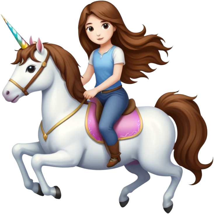 short girl with long brown hair riding a unicorn emoji