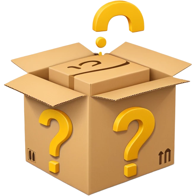 amazon box printed with q&a over stuffed with yellow question marks emoji