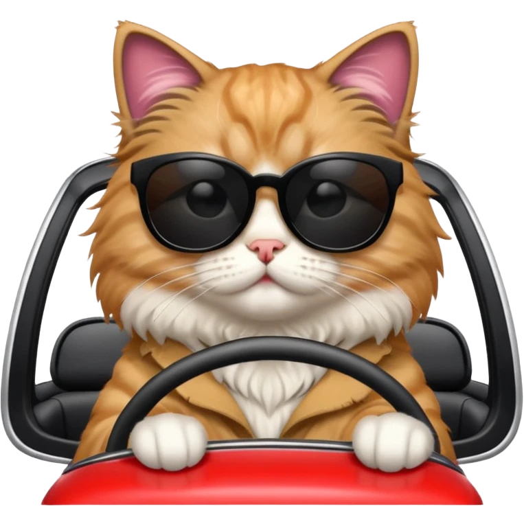 Fluffy cat with black sunglasses driving car emoji