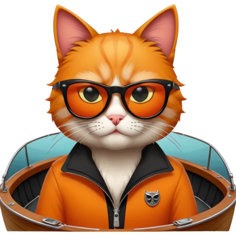 a bad kitty behind the helm of a boat. make the cat look devlishish with a pair of black ray bans wayfers on.  emoji