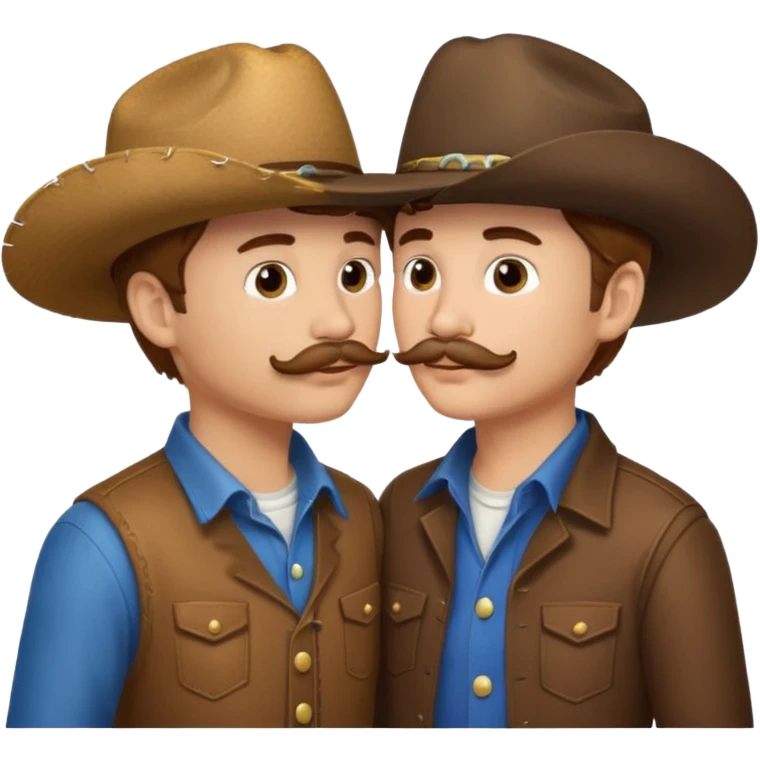 2 boys kissing with cowboy hats. one has light brown hair and the other one has dark brown hair and a mustache emoji