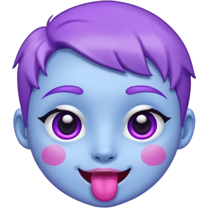 
de color azul claro brillante con manchas orgánicas en tonos morado y violeta.El rostro es expresivo y kawaii, con ojos grandes y brillantes, cejas pequeñas y una sonrisa abierta con lengua rosada. Estilo moderno, limpio y tierno, ideal como emoji, sticker o mascota digital.
 emoji