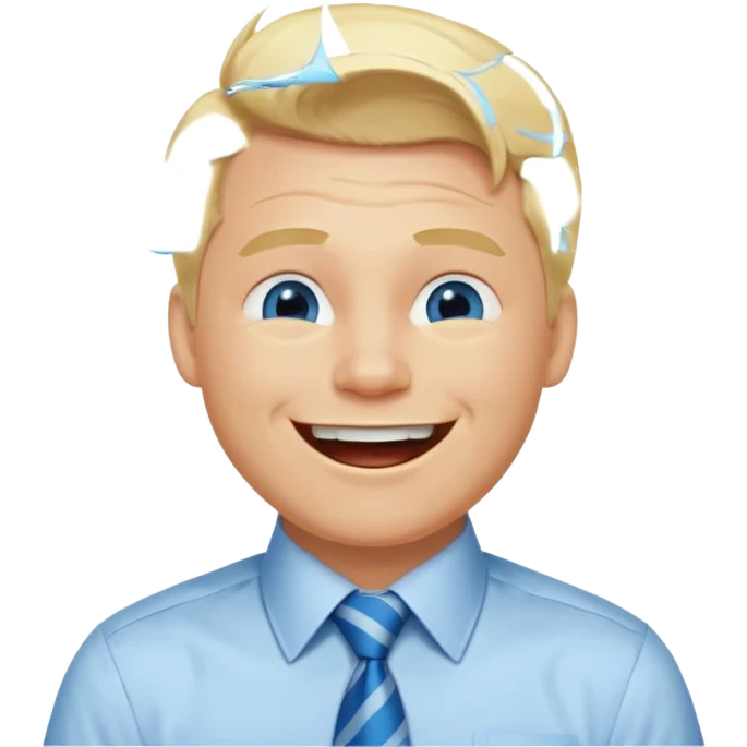 A guy with blonde hair and blue eyes that looks masculine. make him wear a shirt with a tie. he is danish. He is laughing extremely hard. More extreme expression emoji