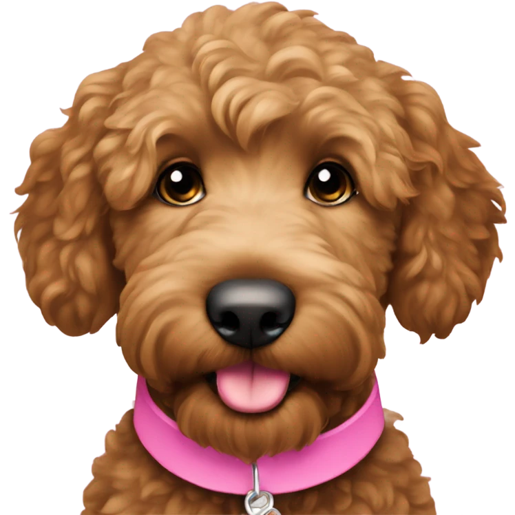 Mini medium brown female golden doodle pink collar emoji