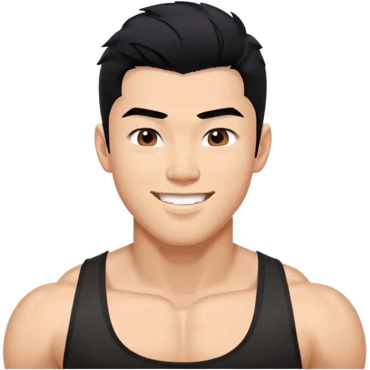 Its joshua seventeen, asian man with big muscles and black tank top, the hair is down, Above the eyebrows and kinda wet, and the facial is smiling  emoji