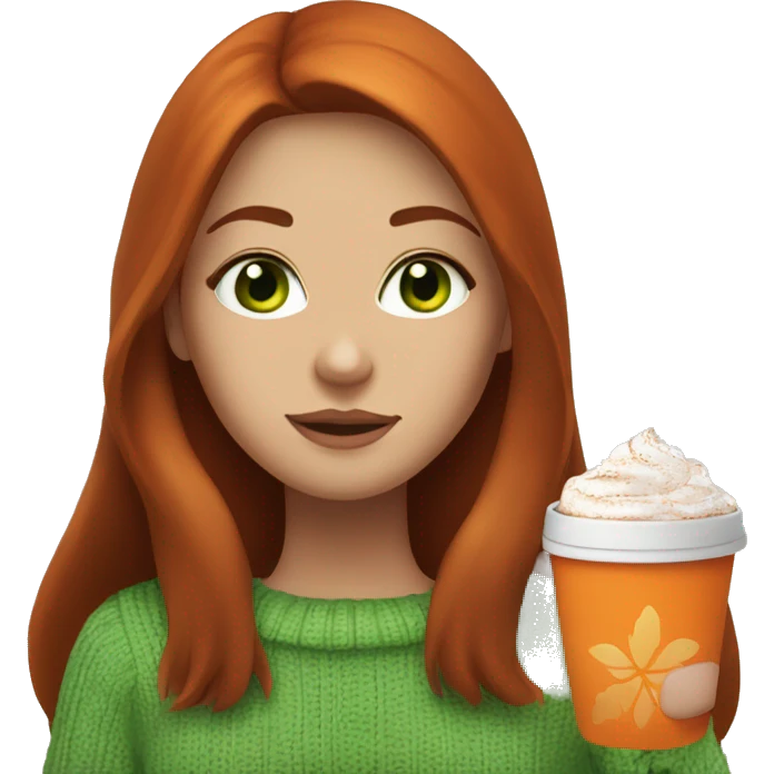 A dark redhead with straight long hair, a girl with green eyes in an orange sweater and a hot chocolate  emoji