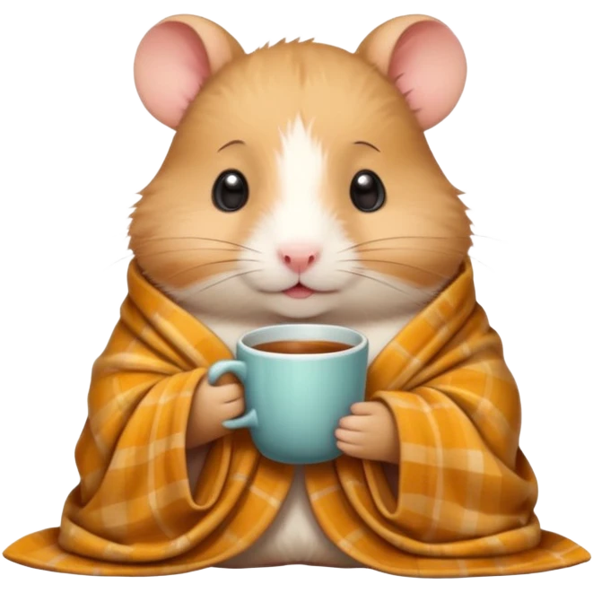 Cute cartoon-style hamster wrapped in a cozy blanket, holding a cup of tea, relaxed expression. Painterly shading, white background, sticker-style illustration emoji