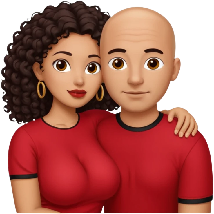 A picture of a sexy tanned couple embracing. the guy is Mexican, with a bald hair cut and he is wearing a red shirt. the girl is mixed, the girl is wearing a black shirt, the girl has curly longer dark brown hair and with big boobs  emoji