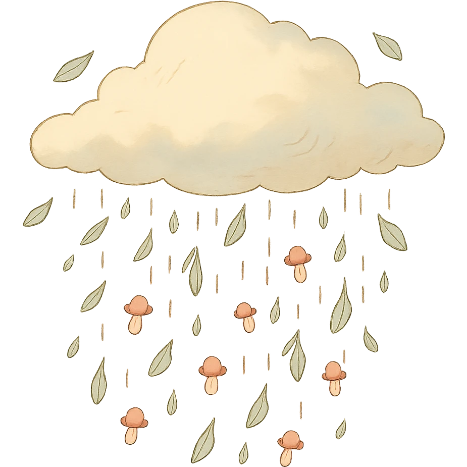 cloud raining tiny leaves and mushrooms, whimsical rain, pastel tones, soft ghibli style emoji