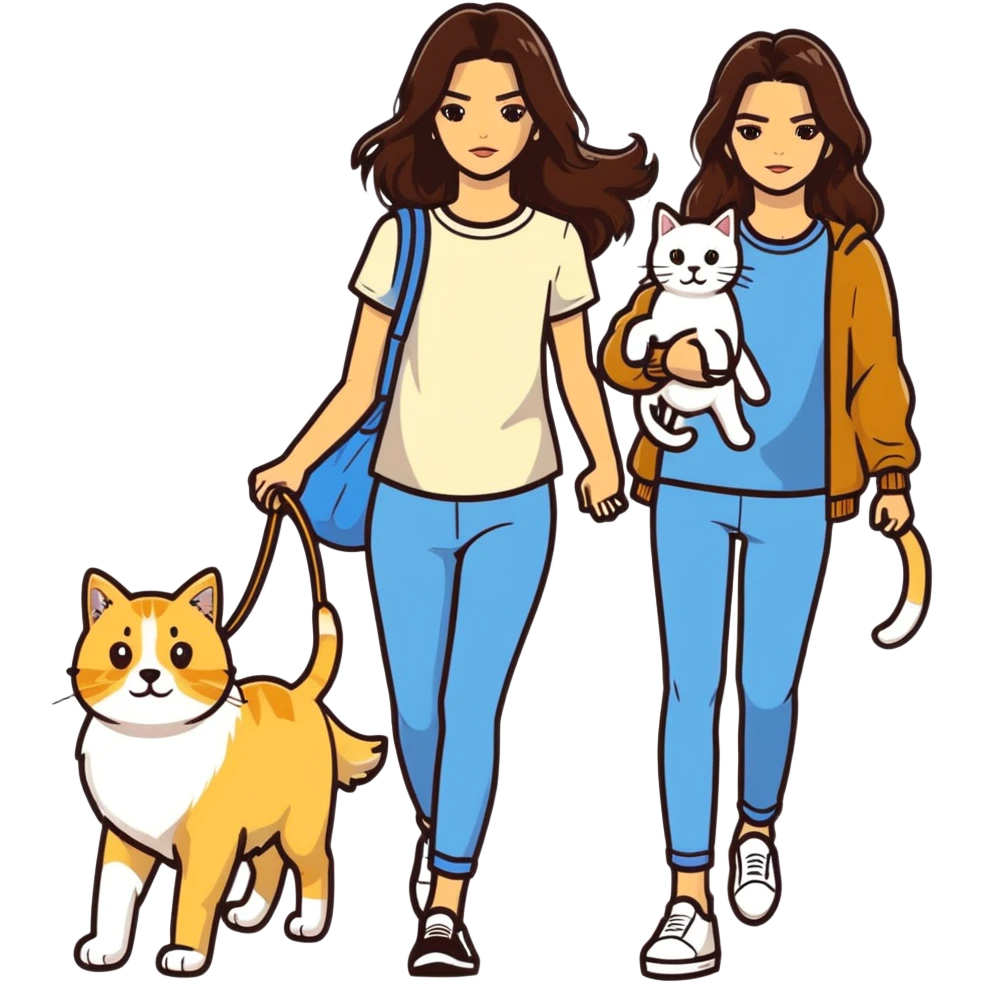 Kendall Jenner with long brown hair walking a golden retriever dog and three cats, two cream colored cats and one white and blue cat emoji