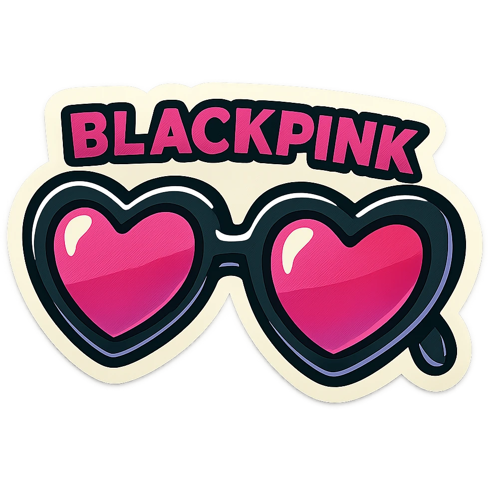 heart-shaped sunglasses, retro sticker style, black and pink, bold outlines, fun and energetic, inspired by BLACKPINK emoji