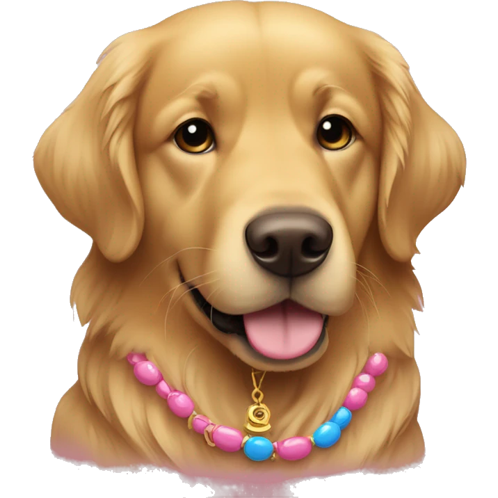 a golden retriever that is chocolate color with one eye blue and the other eye yellow with a pink necklace  emoji