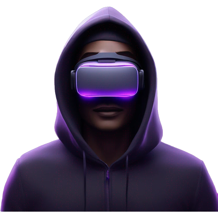 Ilon Mask wearing a black hoodie with "OMG" letters on it and VR headset oculus quest 2 in a cyberpunk VR environment with violet neon lighting. emoji