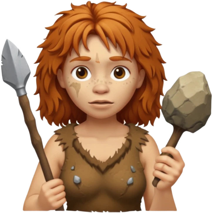cartoon Neanderthal woman with messy ginger hair and a stone tool emoji