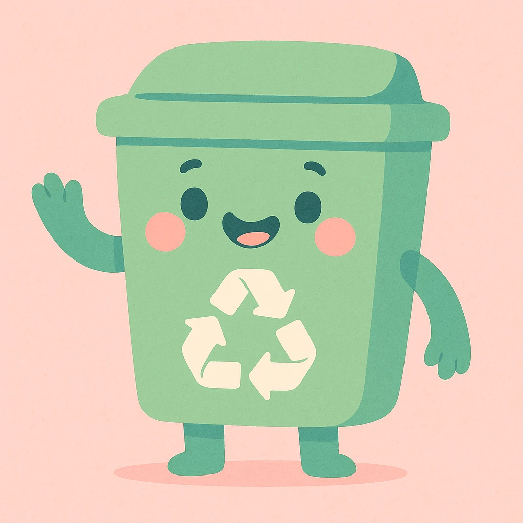 green recycle bin, pastel cartoon style, soft colors, friendly expression emoji