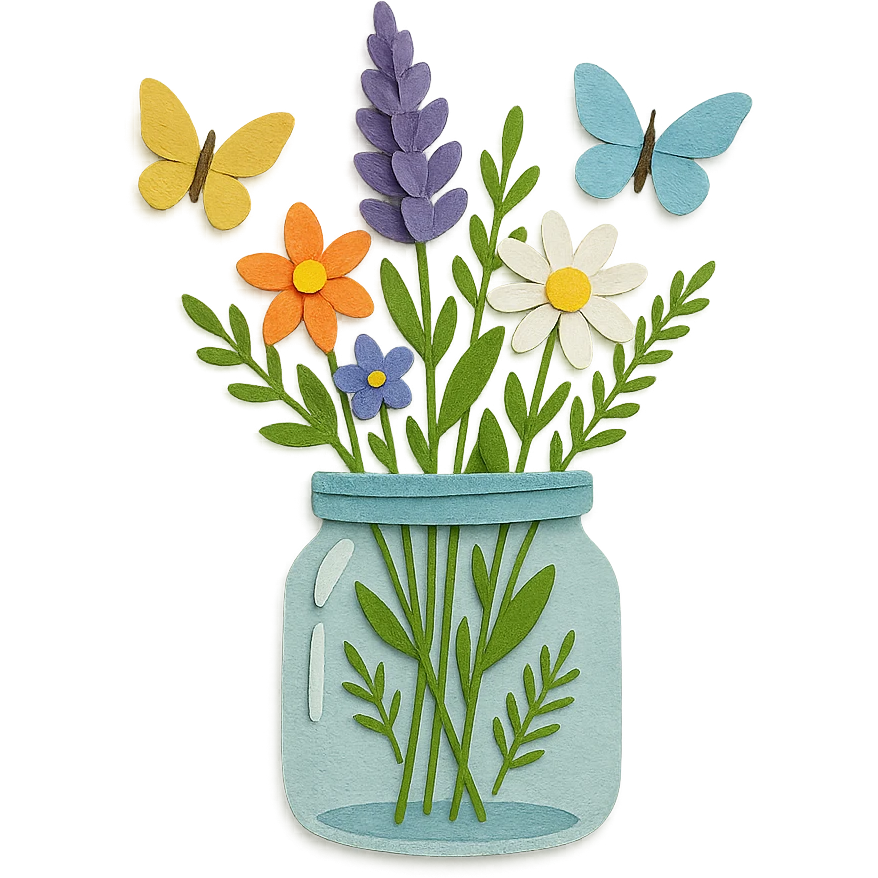 glass jar filled with forest flowers and butterflies, paper-craft style emoji