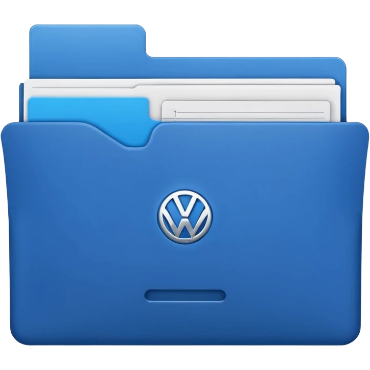 A **simple emoji-style icon** of a **blue multipocket folder**, clean and minimal, with **layered inner tabs**, subtle shading, and a **small blue Volkswagen Jetta car symbol** on the front. blue folder
 emoji