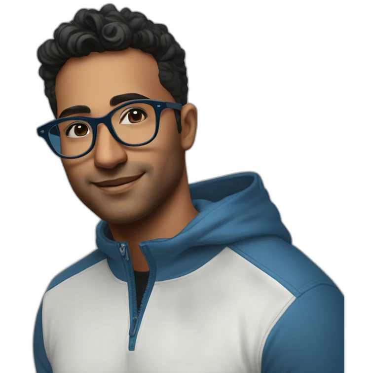 29 year oldindian tech founder clean shaven in blue quarter zip with black and white tortoiseshell glasses emoji