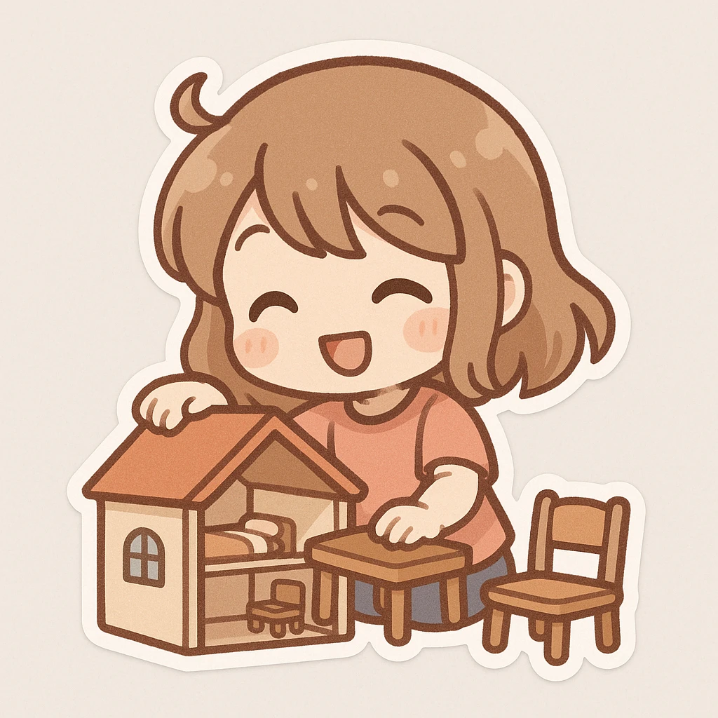 smiling girl arranging furniture in doll house emoji