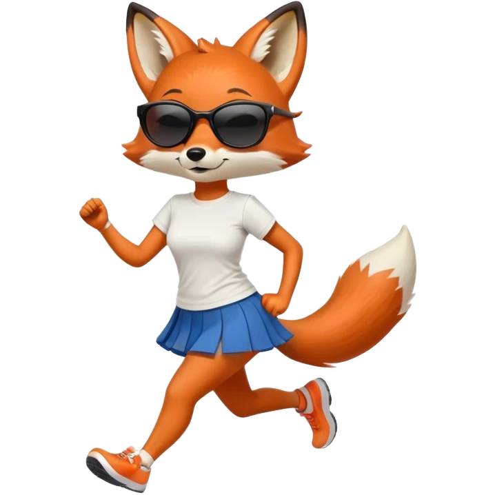 friendly anthropomorphised female fox in skirt and t-shirt, wearing dark sunglasses, jogging upright in standard pose emoji