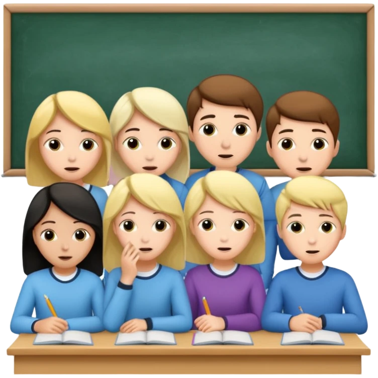 a group of students of both genders (boy and girl) talking quietly in a classroom emoji