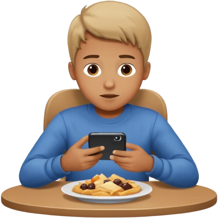 a boy watching videos on his phone while eating, sitting at a table emoji