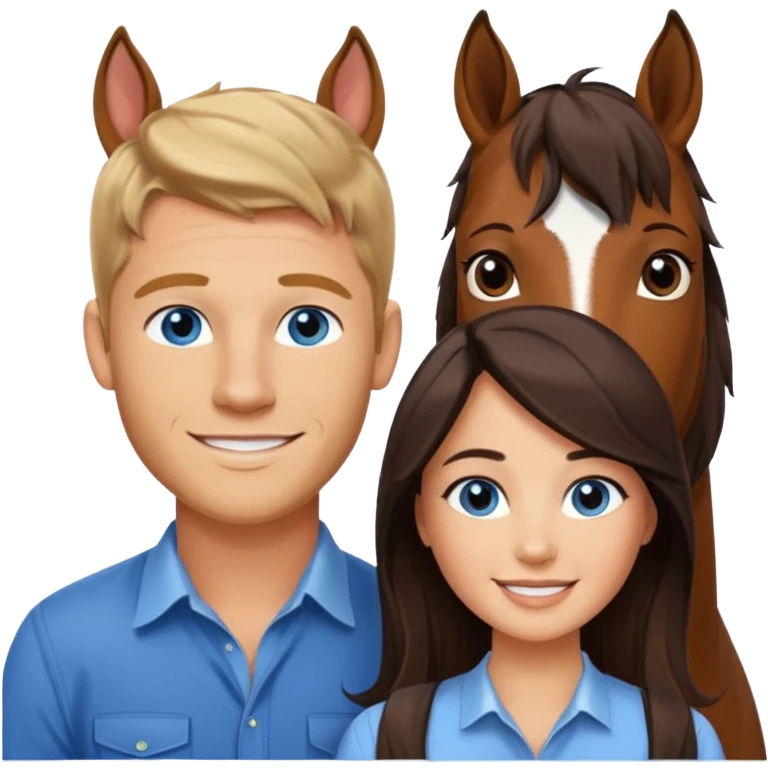 Tall Smiling blue eyed trevor donovan with smaller smiling brown-eyed danica mckellan and one brown horse emoji