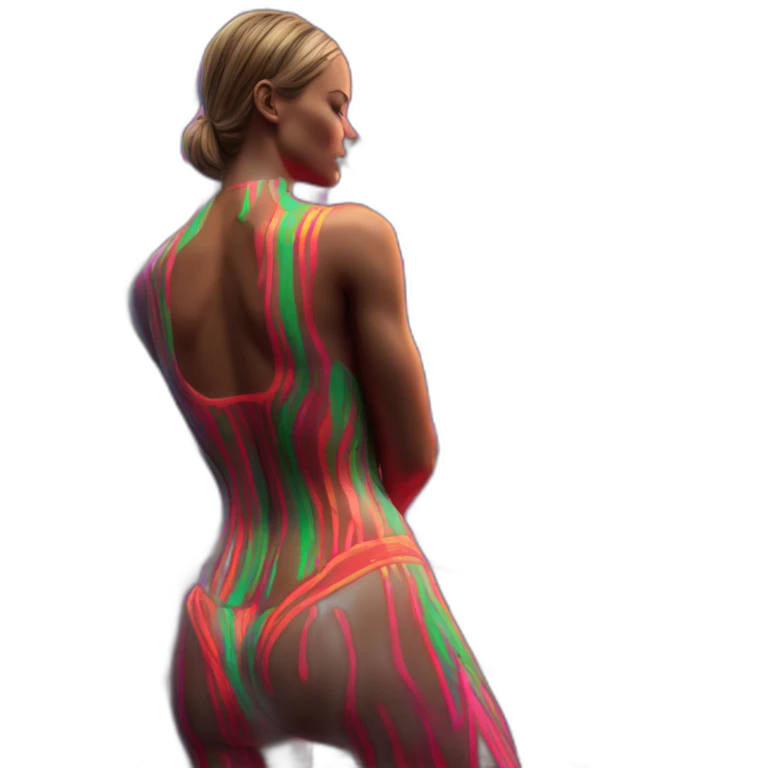 Hyper-realistic neon figurine showing tall sultry fitness model in striped body paint from behind emoji