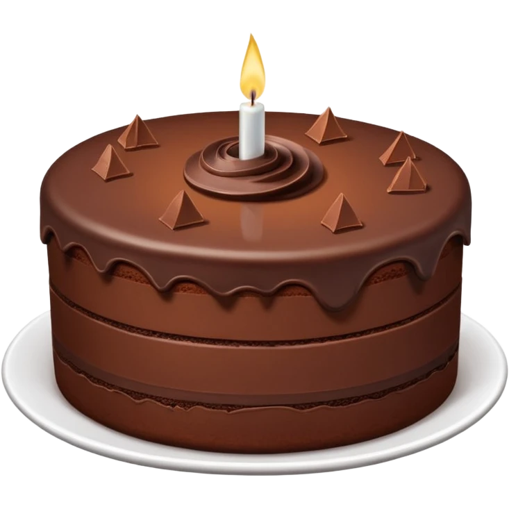 Chocolate fudge cake with chocolate base and chocolate frosting with chocolate pieces. Show the inside of the cake with three thin layers of a lighter chocolate filling  emoji