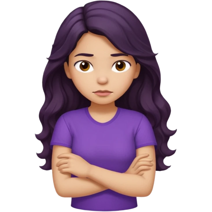 Hispanic girl with long dark wavy hair crossing her arms and slightly pouting emoji