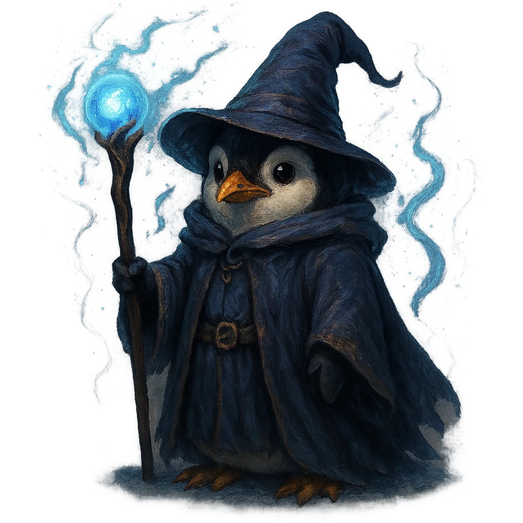 penguin wizard with a pointy hat and magic staff, magical aura, fantasy style emoji