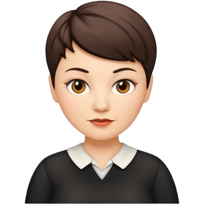 classic teacher emoji but fatter and with a black pixie cut, make her white and the pixy cut is pointy and dark brown and she is very fat emoji