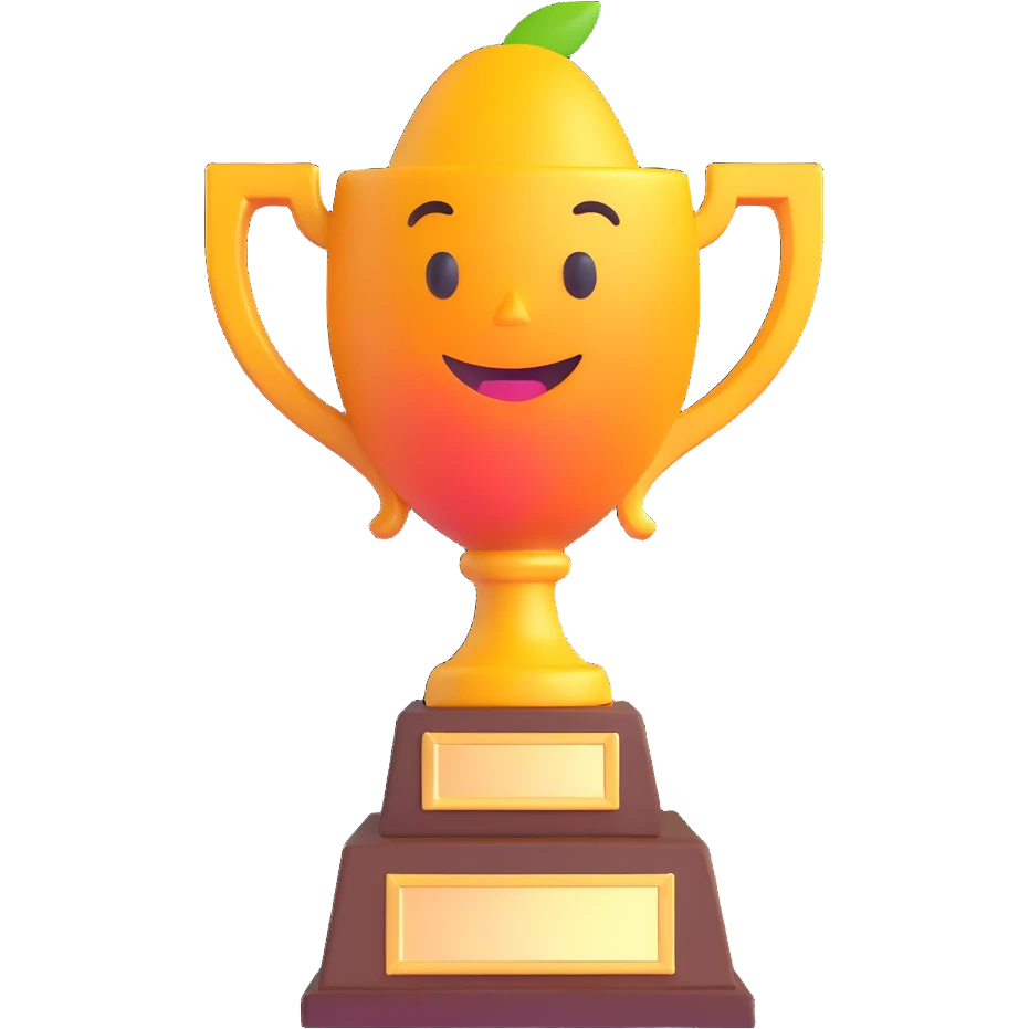 a whimsical and colorful trophy with mango features emoji