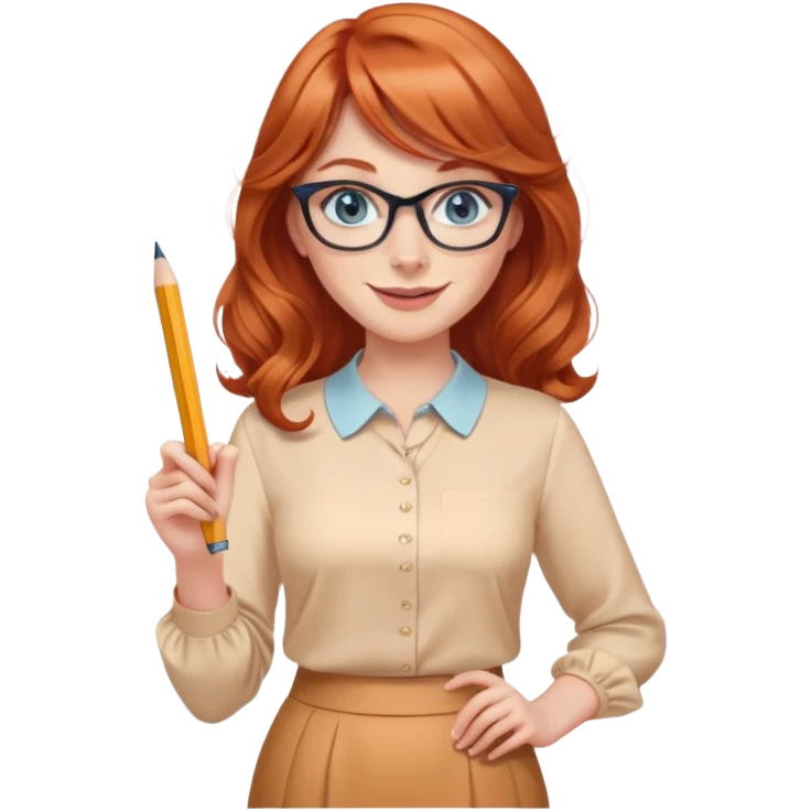redheaded woman with long wavy hair and bangs, blue eyes, cat-eye glasses, wearing a pencil skirt and apricot blouse, holding a pencil, smiling emoji