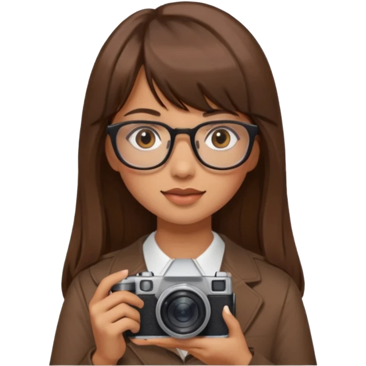Una chica pelo largo con flequillo color marrón y gafas con estilo de periodista súper top, también agrega una cámara en sus manos emoji
