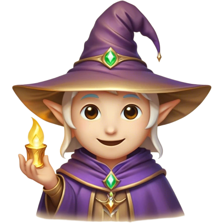 Clash of Clans aesthetic Playful Mage Portrait Emoji, Head tilted with a mischievous glimmer and subtle enchanting smile, featuring a compact, gracefully robed form with a pointed wizard hat and twinkling eyes in natural skin tone, Simplified yet irresistibly charming features, highly detailed, glowing with a warm, inviting magical glow, high shine, spirited and imaginative, stylized with a touch of whimsical sorcery, soft glowing outline, capturing the essence of a playful mage exuding friendly arcane wonder! emoji