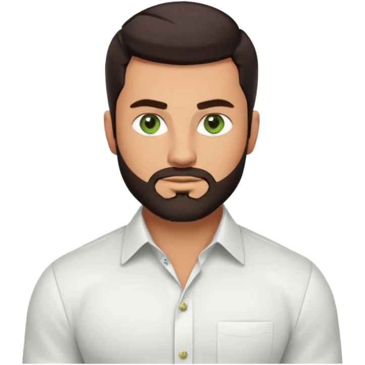 Man with a short full beard, Styled hair, Best looking man in the planet, onepiece style dark hair, green eyes, more realistic style more maskulin. Wearing a white formal shirt, first buttons open macho style, muscular

 emoji